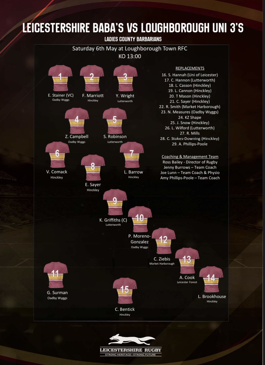 This Saturday Leicestershire proudly holds its first Women’s Barbarian fixture! 

Congratulations to those selected to play! 

Leicestershire Ladies BaaBaa 
vs 
Loughborough Uni 3s

Saturday 6th May 
Kick off : 1pm
Loughborough RFC (LE11 5FJ)

#weareleicestershire