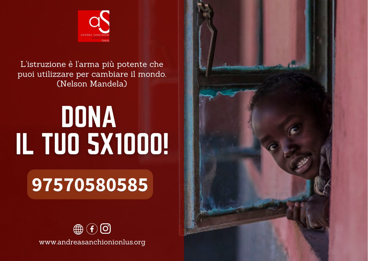 AndreaSanOnl's tweet photo. Scegli di donare il tuo #5X1000��inserendo il nostro codice fiscale👉97570580585👈nella tua dichiarazione dei redditi
🍛📚Grazie a te potremo continuare a dare un pasto e un’istruzione ai bimbi dell’Andrea’s School di Kampelembe
Non ti costa nulla e cambia la loro vita! #5permille https://t.co/bjJmY2ssKj