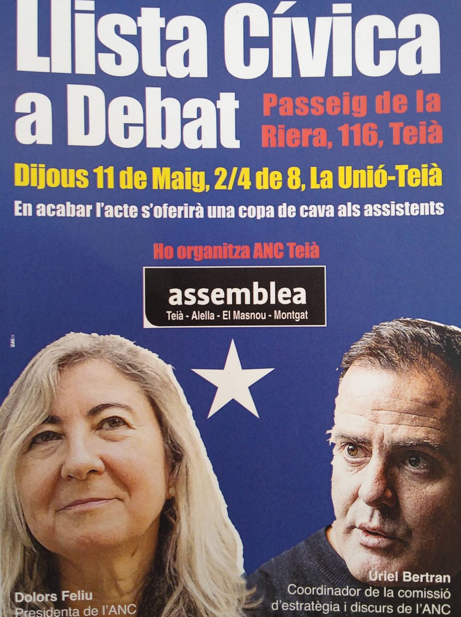 El proper dijous dia 11 a la Unió de #Teià
<a href="/assemblea/">Assemblea Nacional Catalana</a> 
<a href="/ANCMontgat/">ANC Montgat</a> 
<a href="/ANCAlella/">ANC Alella</a> 
<a href="/MaresmexIndep/">MaresmexIndep</a> 
ANC Teià