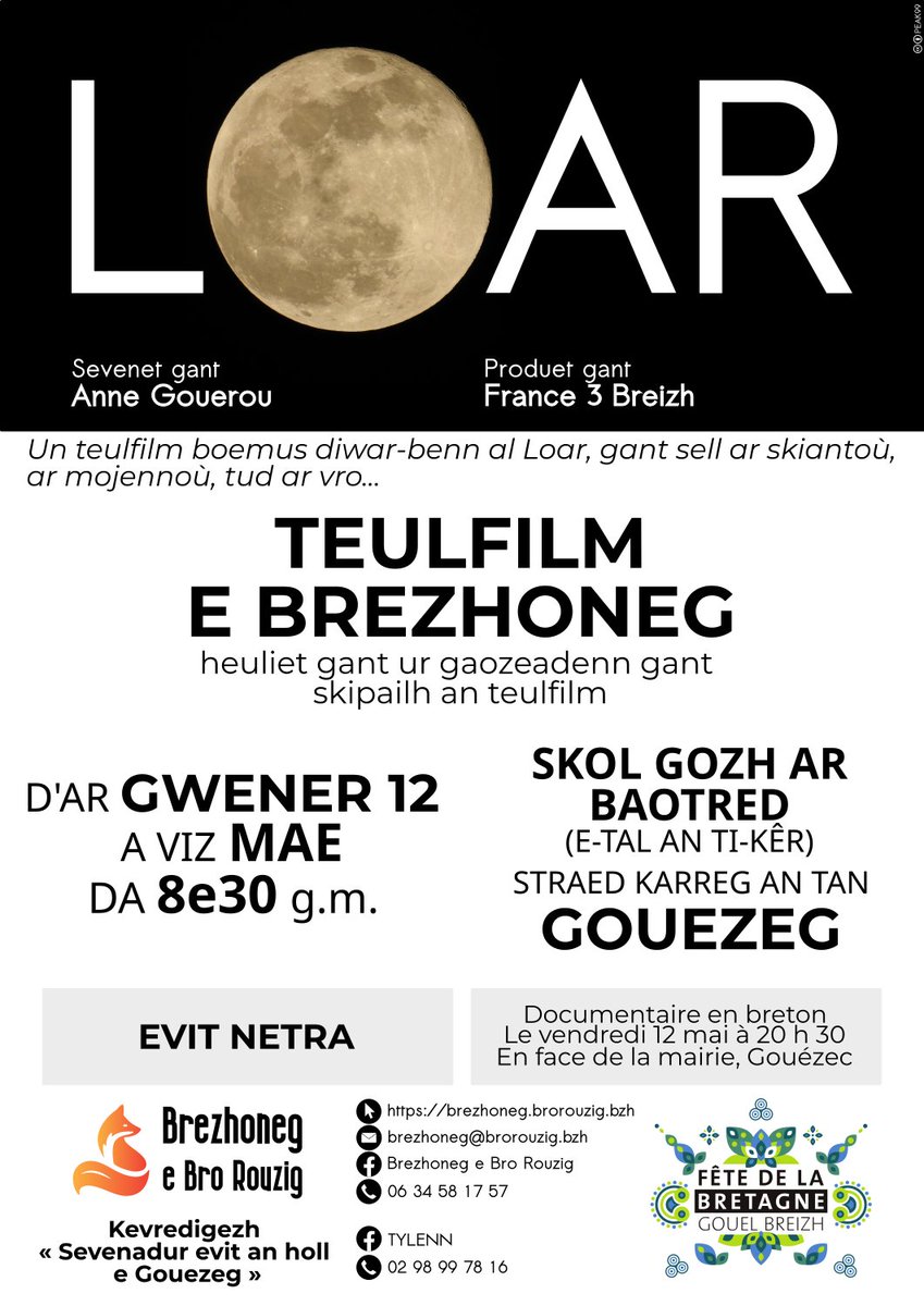 Deuit da sellet ouzh un teulfilm e #brezhoneg !

🎬 Loar, sevenet gant Anne Gouerou
📍 Gouezeg
📆 D'an 12/05 da 8e30 gm
⌨️ Istitlet e brezhoneg

Skipailh an teulfilm a vo war al lec'h evit ur gaozeadenn.

Digoust ! ✌️ 

#BroRouzig #Loar #steredoniezh