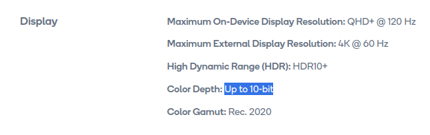 asraf3101aa's tweet photo. @TechnoAnkit1 Looking at Qualcomm official website about SD 7+ Gen2 It supports only 10-bit Color Depth. https://t.co/TXvFfttdZD