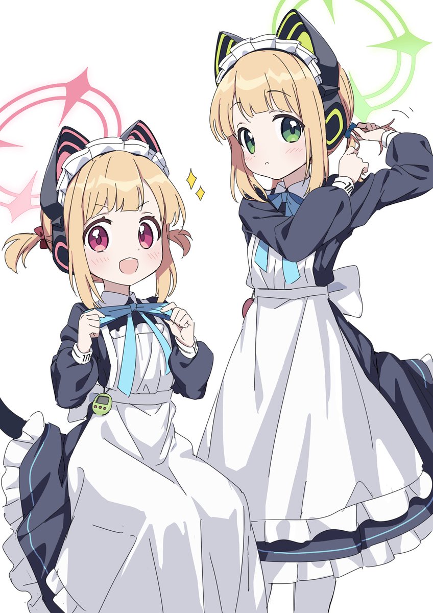 midori (blue archive) ,momoi (blue archive) multiple girls 2girls halo blonde hair animal ears green eyes animal ear headphones  illustration images