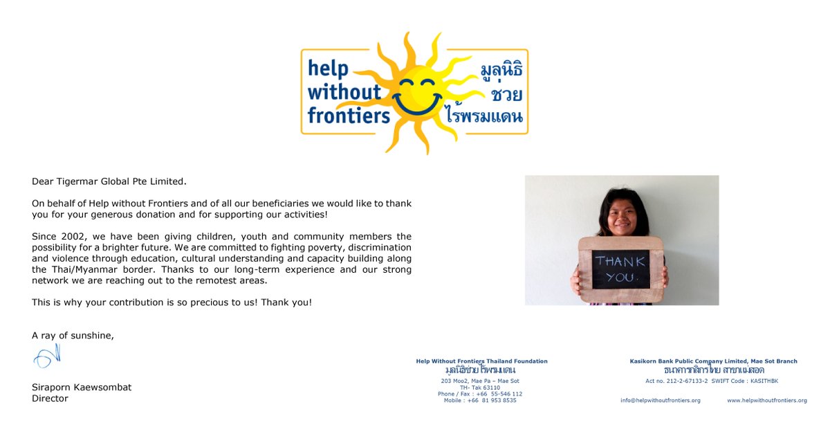 Tigermarglobal's tweet photo. We're pleased to support @WeAreHWF to sponsor a 1 year training course for nurses in Thailand.

Help Without Frontiers provides support along the Thai-Myanmar border to displaced people finding themselves in emergency situations. Find out more or donate at https://t.co/oo8TTh67Gc https://t.co/BTnbf8PDn6