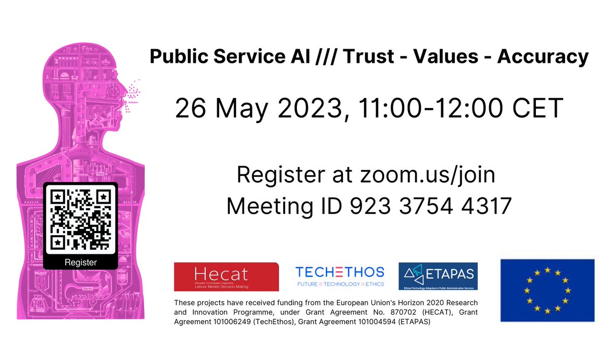 ETAPAS project (@etapas_eu) on Twitter photo We are excited to announce their upcoming Policy Launch in association with fellow #H2020 projects <a href="/SoUnemployment/">Unemployment Experience | HECAT/PEStech projects</a> and <a href="/TechEthosEU/">TechEthos</a> ; Public Service AI /// Trust - Values – Accuracy. This virtual event will take place on May 26th from 10-11am GMT. Registration in the QR below. We are excited to announce their upcoming Policy Launch in association with fellow #H2020 projects <a href="/SoUnemployment/">Unemployment Experience | HECAT/PEStech projects</a> and <a href="/TechEthosEU/">TechEthos</a> ; Public Service AI /// Trust - Values – Accuracy. This virtual event will take place on May 26th from 10-11am GMT. Registration in the QR below.
