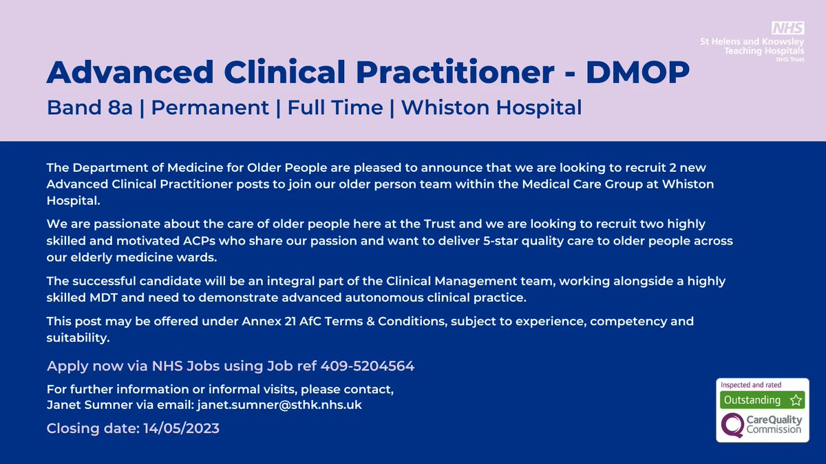 📣 Calling all prospective applicants! Join our fantastic DMOP Team now!

🚨 This post may be offered under Annex 21 AfC Terms &amp; Conditions, subject to experience, competency and suitability. 

✅ Apply now: buff.ly/3peiKAY 

📅 Closing date: 14/05/2023

#WeAreTheNHS