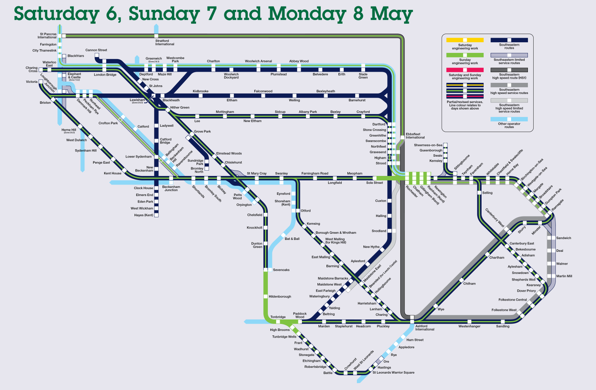 Se_Railway's tweet photo. 🚧 Engineering work Sunday affects services via #Rochester #Gilingham #Gravesend #Dartford #Tonbridge #TunbridgeWells #Hastings  📱 Check before you travel https://t.co/46HREbqthk ℹ️ More info from @NetworkRailSE - https://t.co/AHeXmryRc8 https://t.co/d7ElPC2Brg
