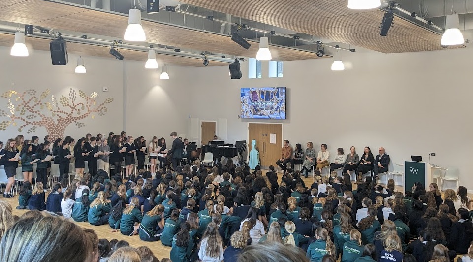 A special assembly this morning to mark the #Coronation 👑with a beautiful rendition of Zadok the Priest and rousing singing of the national anthem. Looking forward to cake later! <a href="/Head_WHS/">Fionnuala Kennedy</a> <a href="/Music_WHS/">WHS Music Department</a> @GDST
