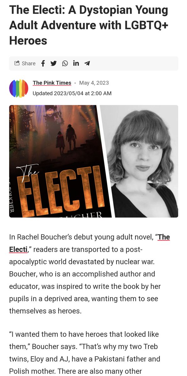 Thank you 'The Pink Times' for publishing an article about 'The Electi'! thepinktimes.com/the-electi-a-d…
#CurrentlyReading 📚 #TheElecti ➡️ amzn.eu/d/ijBxeoO 🖊️ #Bookworm #bookrecommendations #booktok #bookstagram #yabooks #lgbtbooks #diversebooks #under5k  @OlympiaPublishers