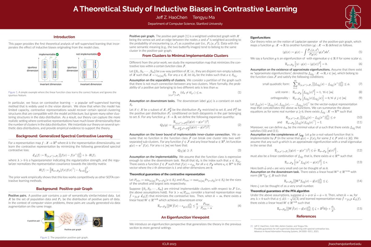 How does model architecture influence the contrastive representations? Check out our paper "A theoretical study of inductive biases in contrastive learning" at #ICLR2023 . Virtual poster: iclr.cc/virtual/2023/p…. Joint work with <a href="/tengyuma/">Tengyu Ma</a>.