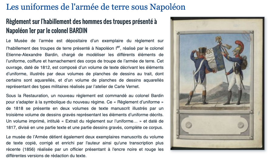 MDHDefense's tweet photo. Rétrospective 18 – 5⃣mai 2⃣0⃣2⃣1⃣ - Exceptionnel fond du règlement sur l'habillement des hommes des troupes présenté à #Napoléon1er par le colonel #BARDIN @MDHDefense (onglet Arts et sciences militaires) @DeHistorique 
↘️ https://t.co/HMMbDYROy9 https://t.co/dftHeb9HLR