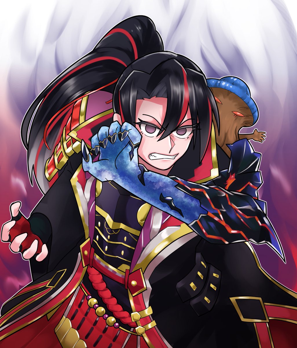 black hair ponytail streaked hair red hair gloves 1girl armor  illustration images