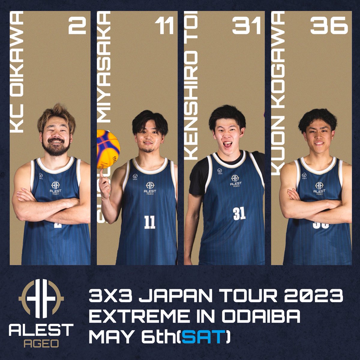alest_ageo's tweet photo. 【試合情報】2023.05.05
3x3 JAPAN TOUR 2023 EXTREME Round.3
at お台場特設会場 お台場青海地区P区画 肉フェス内
----- ----- -----
【ロスター】
#2 及川 啓史 @KC0724 
#11 宮坂 侑 @ssm__20 
#31 戸井 堅士朗 @dangomushi14101 
#36 古川 空音 https://t.co/n0jZILNEjb