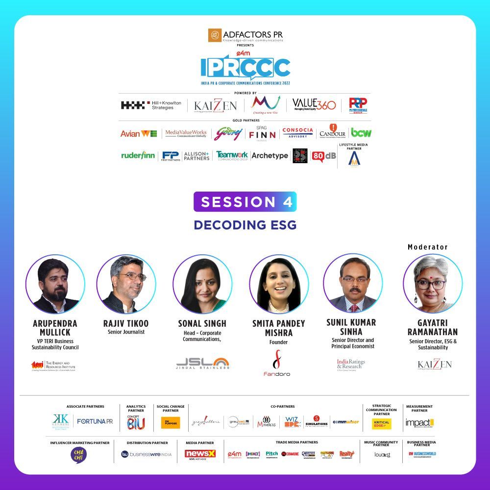 Join us for an insightful conversation on Decoding ESG at the 13th edition of exchange4media #IPRCCC2022 moderated by Gayatri Ramanathan, Senior Director, #ESG & #sustainability, #Kaizzen.