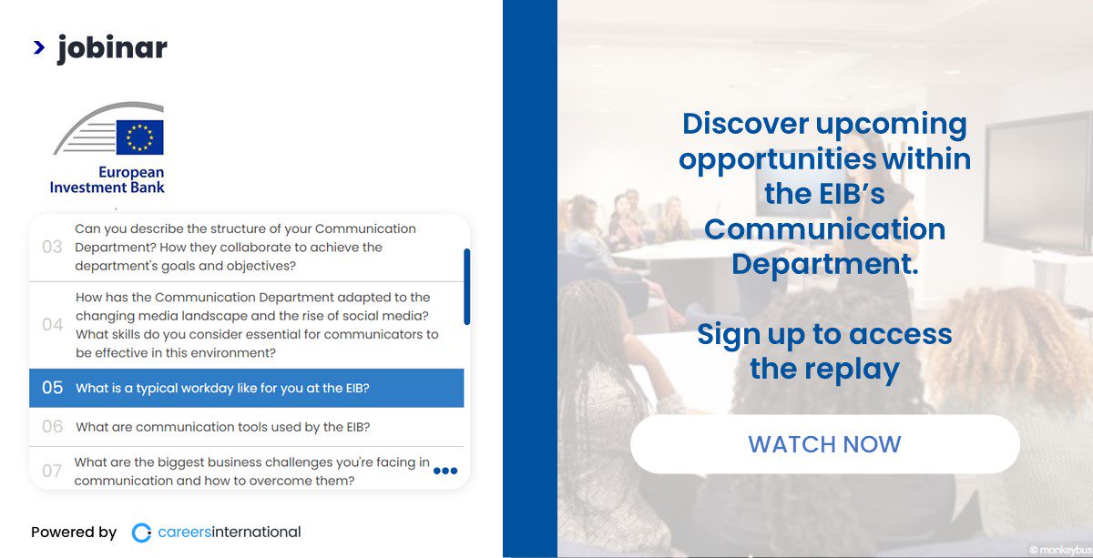 Careers_Intl's tweet photo. The replay of @EIB's online jobinar about our Communication Department is now available! Gain exclusive insights into the world of finance and investment and discover more about the EIB, the EU bank > https://t.co/8Pu4X4Reoa.
#jobinar #Communications #JobOpportunities https://t.co/tLmi3MmKSu
