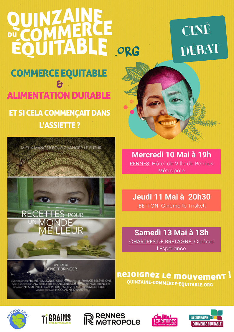 metropolerennes's tweet photo. [Quinzaine du #commerceéquitable] 3 soirées ciné-débat proposées par #Rennes Métropole et Ti Grains sur l'#alimentationdurable la semaine prochaine avec la projection du film "Recettes pour un monde meilleur" à #Rennes, #Betton et #Chartres.
+ d'infos > https://t.co/yWbWuAtnzZ https://t.co/BIxhtRpYR5