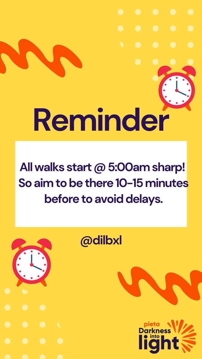 #darknessintolight2023 is tomorrow! Remember that all walks in #Belgium start @ 5:00am sharp ⏰ so aim to be there 10-15 mins early to avoid delays! 
#suicideprevention