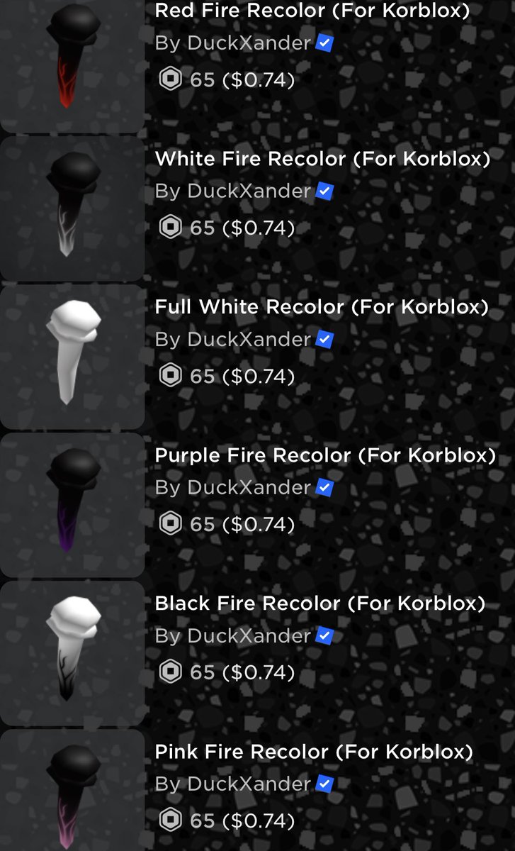 Props! Looking for a good reason to get korblox? Already have korblox but don’t wear it cause it can’t fit with stuff? Look no further than <a href="/DuckXander/">DuckXander</a>’s korblox reskin collection! Find the retexture u need to make ur avatar finally look stunning!
(Requires korblox to make!)
#rtc