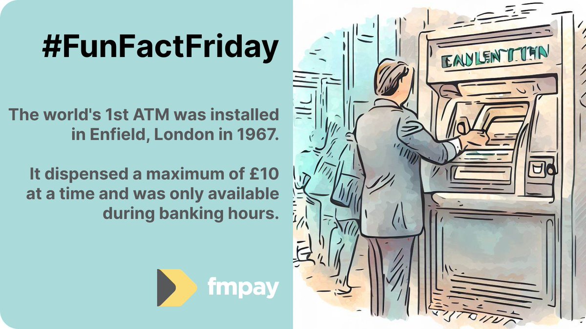 fm_pay's tweet photo. Did you know that the world's first ATM was installed in Enfield, London in 1967? ๐ฐ๐ณ
Who knew this revolutionary invention would change the way we access cash forever! #FunFactFriday #ATM #CashWithdrawals #FMPay https://t.co/6iyUyjpkmS