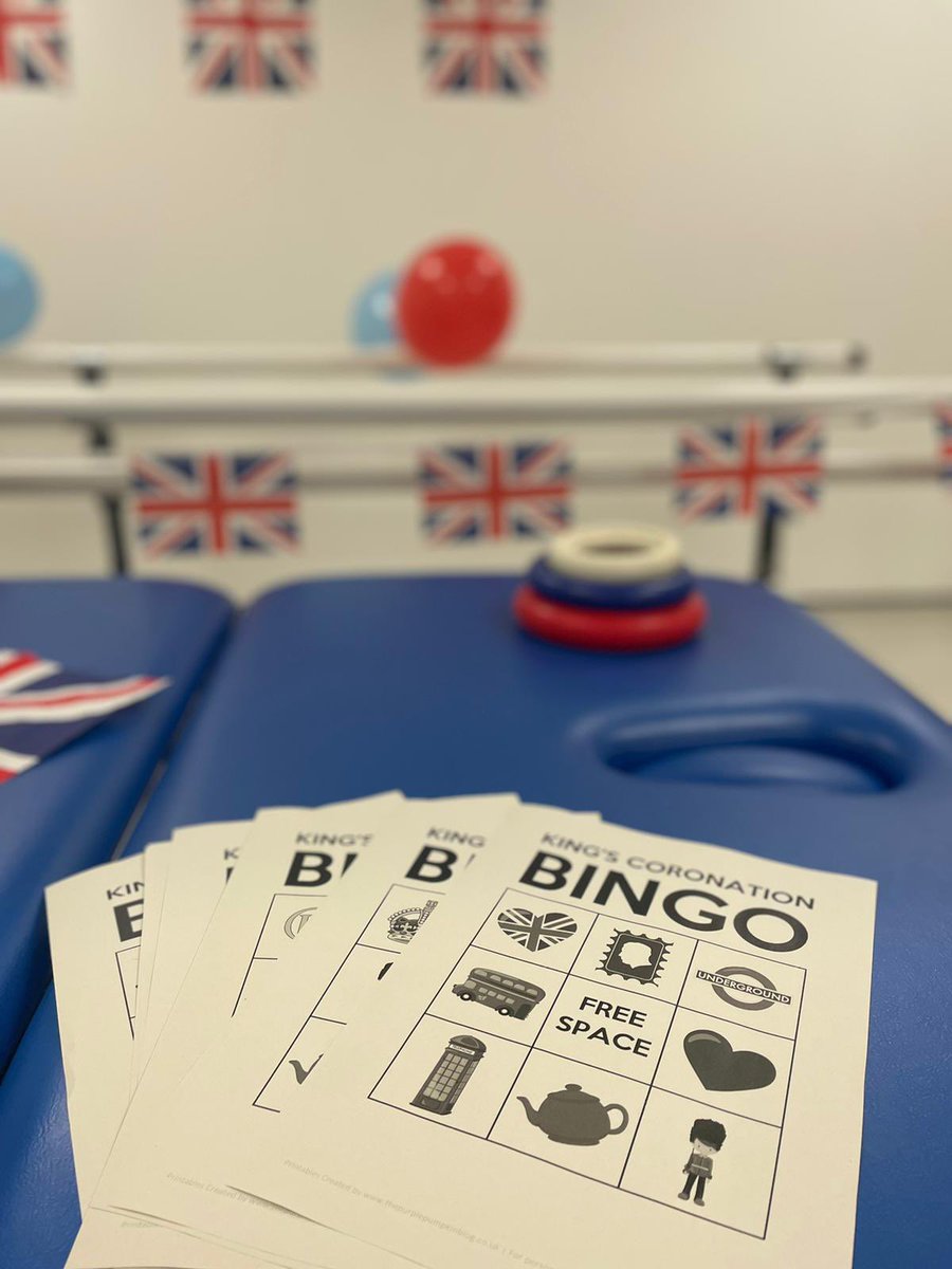 AcmTherapy's tweet photo. Our TA’s have done a grand job setting up the group exercise class Coronation style 🤴@SCO__OT @SCOPhysio https://t.co/kgPCeUGF3R