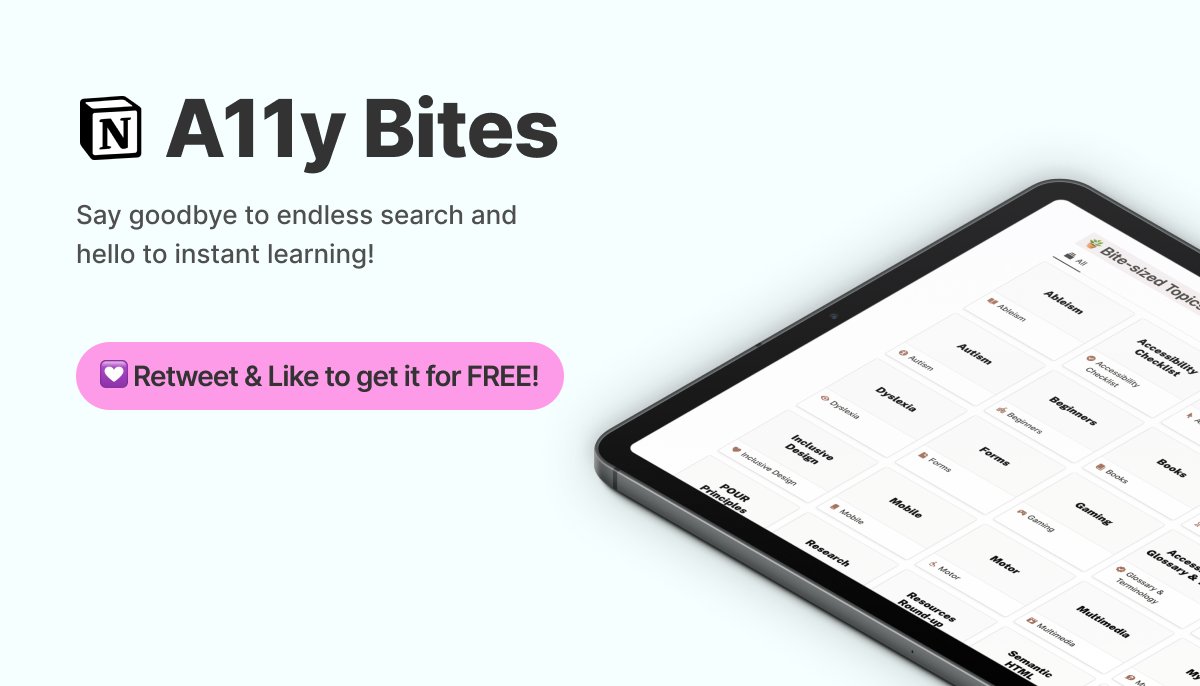 🎉📣 A11y Bites is now LIVE! Learn accessibility in a bite-size!

😍 No more endless searching, just instant learning! 

💎 Reply 🌻 below, retweet, and like to access this resource (must be following) so I can DM you the link.

#Accessibility #A11yBites #resources #Notion