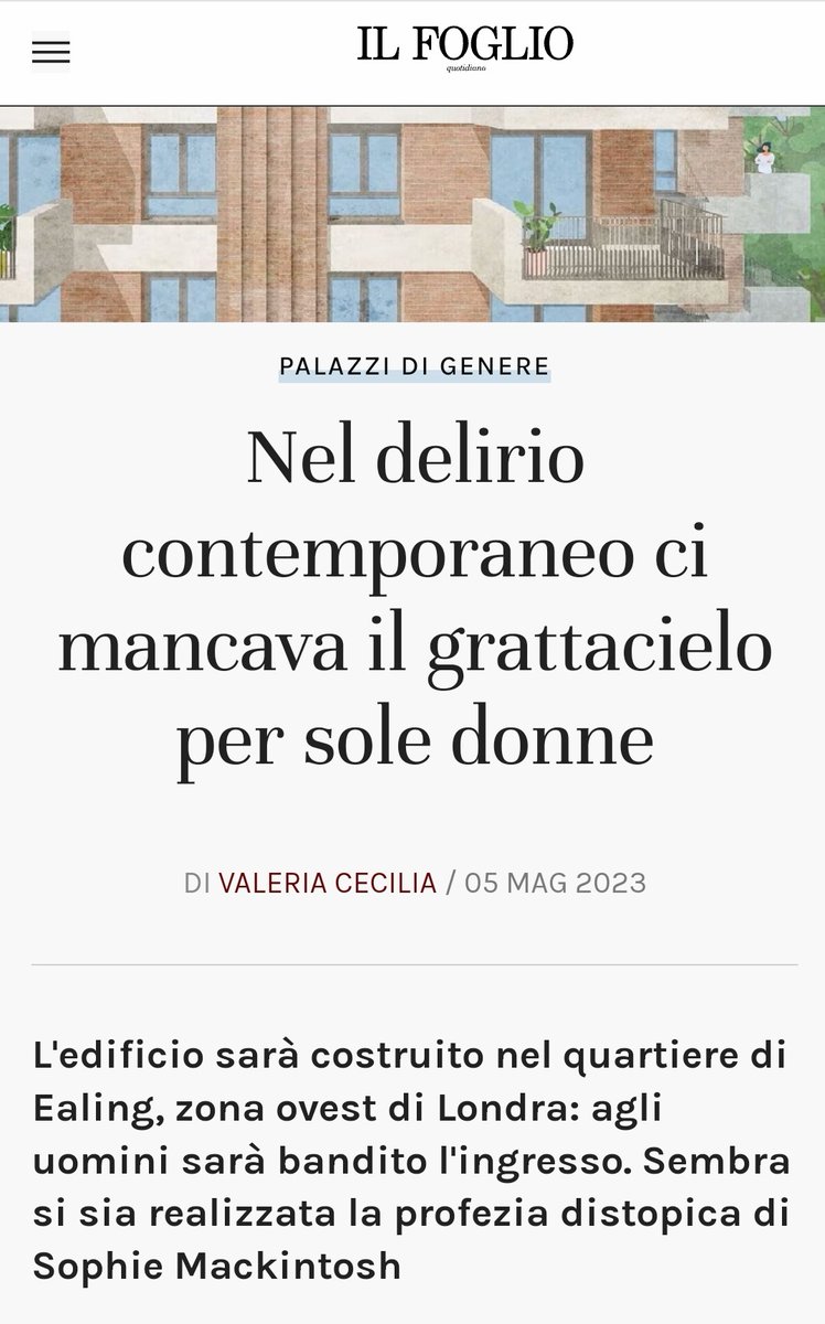 A #Londra il primo grattacielo riservato alle donne (sole, con difficoltà, o che hanno subito discriminazioni, violenze). Gli uomini non potranno accedere. E' questo un buon destino per noi? La soluzione è separarci? Ne ho scritto su @ilfoglio_it ilfoglio.it/societa/2023/0…