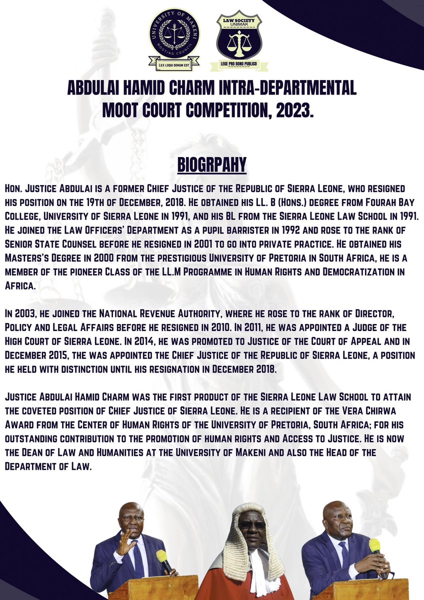 UnimakLaw's tweet photo. This year's Intra-Departmental Moot Court Competition is named in honor of Hon. Justice Abdulai Hamid Charm, a distinguished legal scholar, advocate, and bencher who has made significant contributions to the field of law.

#SaloneTwitter #MootCourt https://t.co/Ho1SivYBxy