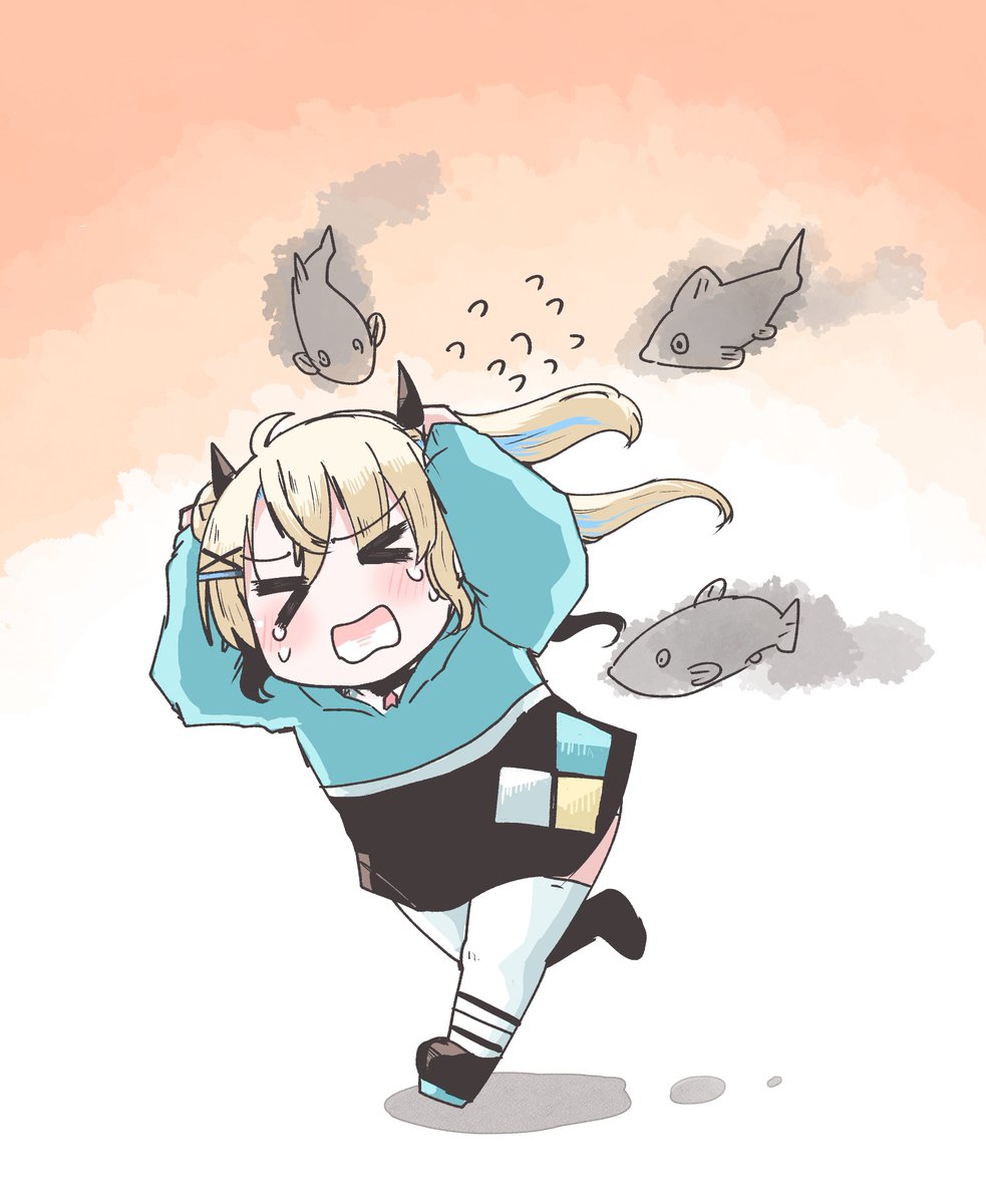 1girl blonde hair running > < solo open mouth thighhighs  illustration images