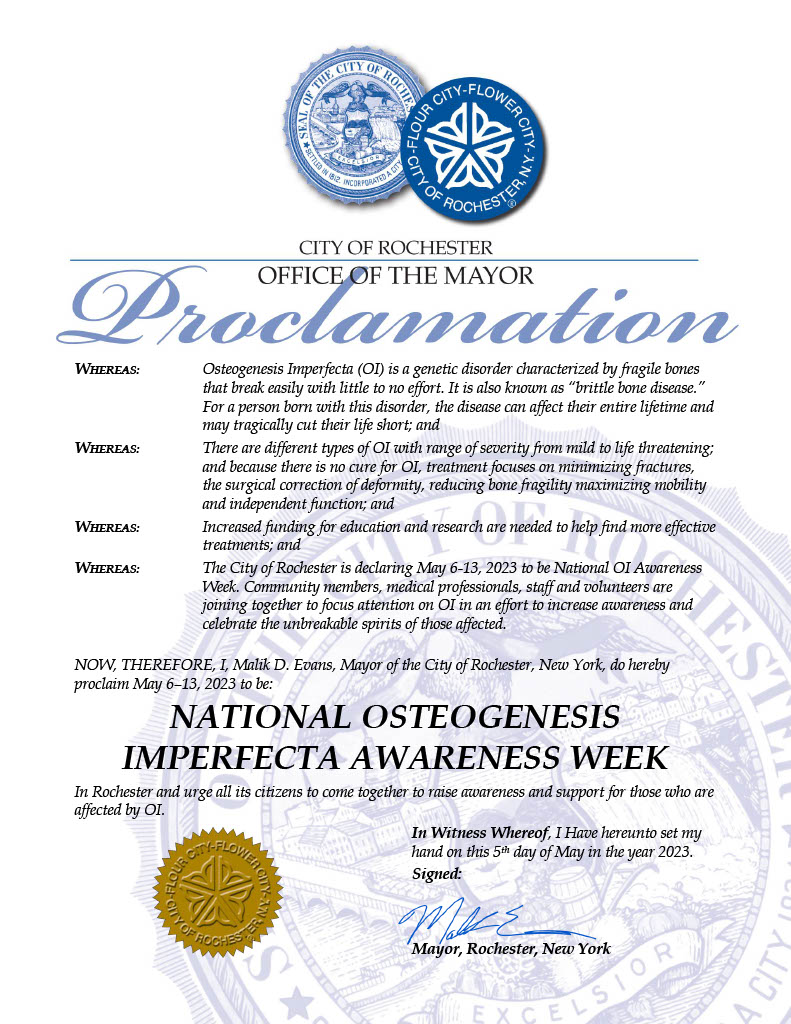 National OI Awareness Week begins on Saturday! <a href="/CityRochesterNY/">City of Rochester NY</a> proclaimed May 6 - 13 as OI Awareness Week in Rochester
For more information on how you can raise awareness and support the OIF this week, visit oif.org/awarenessweek. #OIawarenessWeek #UnbreakableSpirit