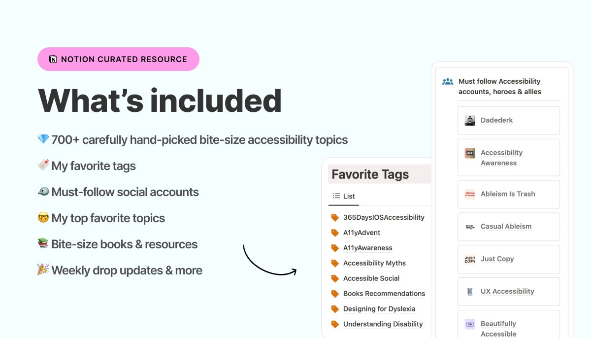 😍 I’ve curated over 700+ bite-size accessibility topics from Instagram, Twitter, LinkedIn, plus @dadederk's #365DaysIOSAccessibility, @A11yAwareness,  #A11yAdvent, & more all in one organized Notion file.

Say hello to accessible knowledge at your fingertips! #accessibility