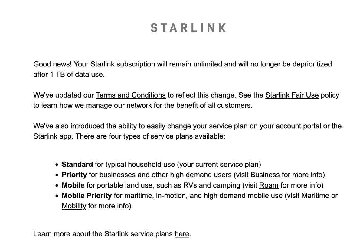 #Starlink reverses plan for 1TB data cap. #SpaceX’s Starlink service has abandoned plans to implement hard data caps and overage fees that had already been delayed multiple times. Users are still subject to an acceptable use policy, so play nice with your “#unlimiteddata.”