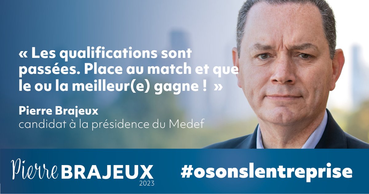 Je tiens aujourd'hui à remercier chaleureusement tous mes soutiens dans cette passionnante course à la présidence du #Medef. Les qualifications sont passées. Place au match et que le ou la meilleur(e) gagne !
