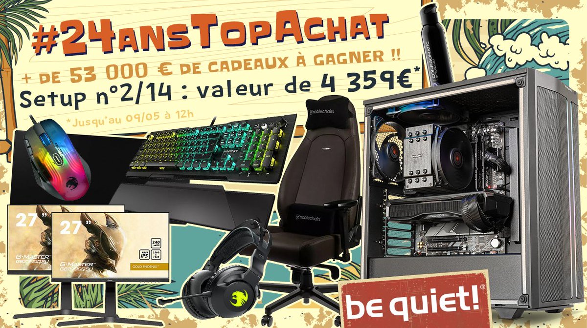 Concours 🎁 #24AnsTopAchat 🔥 + de 53 000 € de cadeaux à gagner ! 🔥 On enchaine avec le #Setup2 de 4359 € ! Pour participer ☑ #RT ce tweet ☑ Follow @TopAchat Participe aussi sur TikTok / Discord / Insta / Facebook topachat.com/p/content/conc… 🍀 TAS le 09/05 à 12h