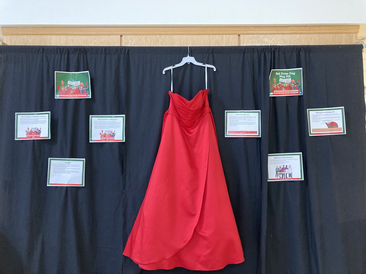 Today is National Red Dress Day for missing and murdered Indigenous women, girls and 2 spirited. This display is in our cafeteria.