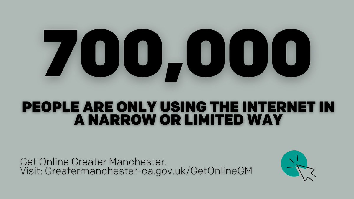 📣 Up to 700,000 people in GM are only using the internet in a narrow or limited way. 450,000 are classified as “non-users” of the internet.

Whatever stage someone is at on their digital journey, #GetOnlineGM is here to help find the right support

➡️greatermanchester-ca.gov.uk/GetOnlineGM