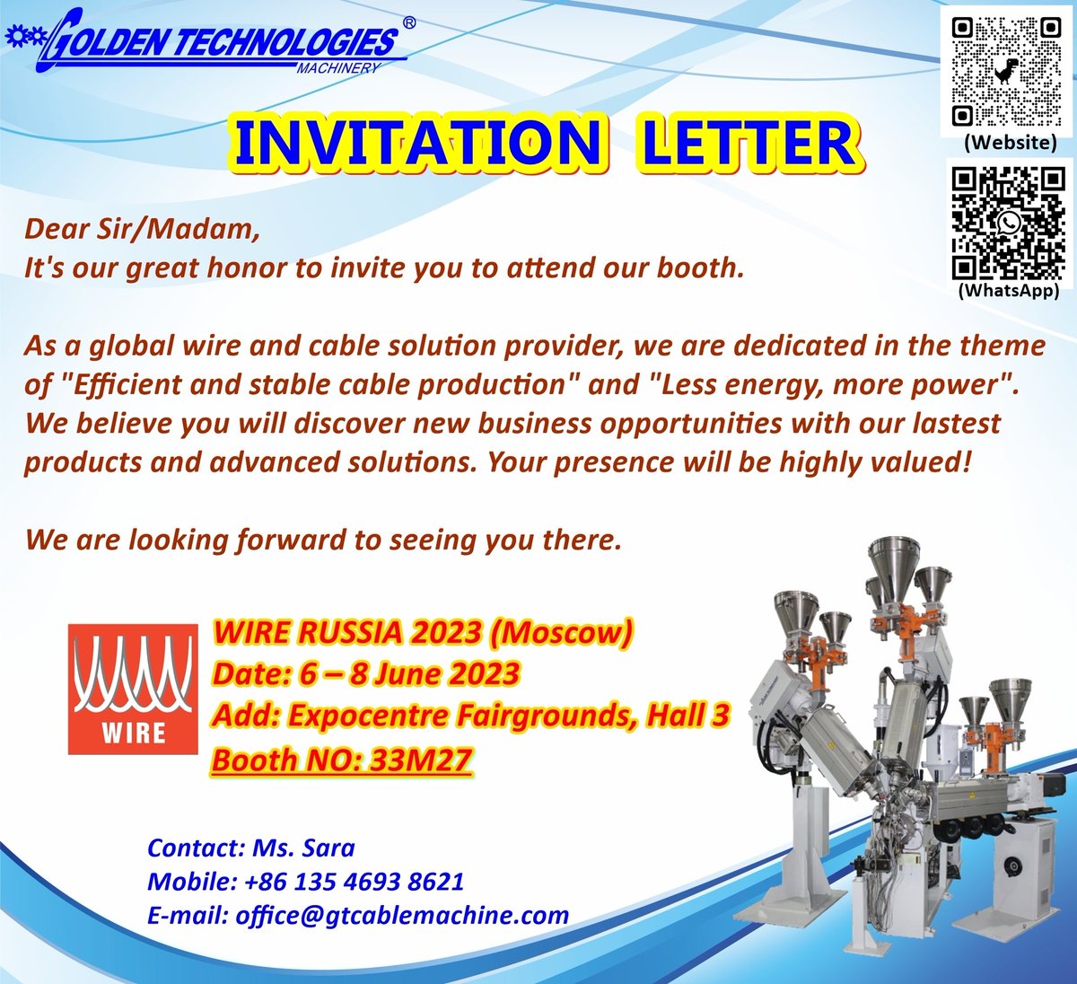 GT_cablemachine's tweet image. Dear Sir/Madam, 
It's our great honor to invite you to visit our booth.  As a global wire and cable solution provider, we will glad to talk with you abouot our lastest products and advanced solutions. Your presence will be highly valued!
#cable #cableextrusion #cablemakingmachine