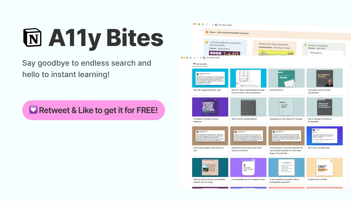 #A11yBites

🌷 Thanks everyone! I hope this tiny project resource will help you learn more about accessibility. 

#Accessibility #A11yBites #resources #Notion #TinyProjects
