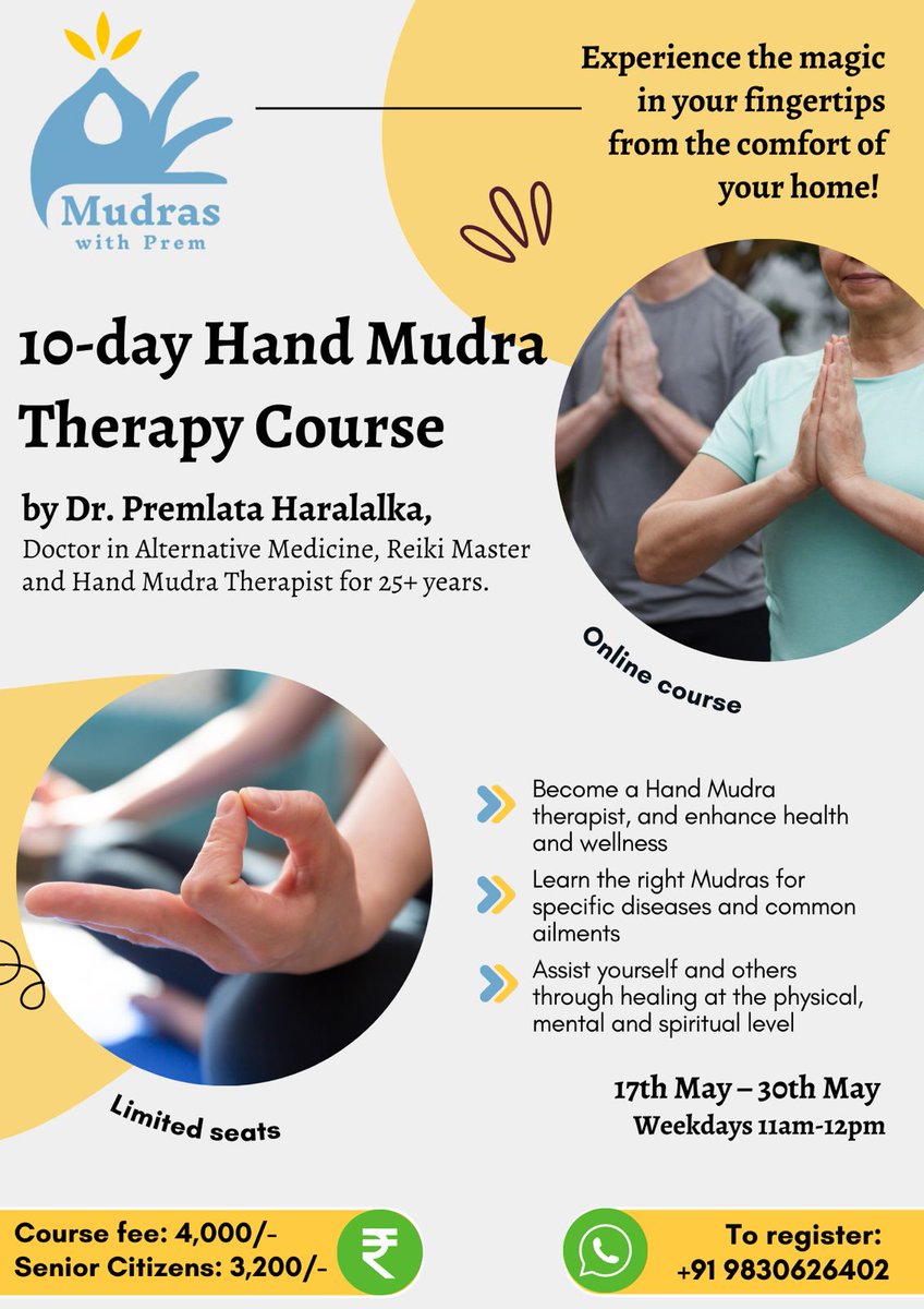shrew1804's tweet photo. 📢 Dear all, sharing a course developed by my mother-in-law after extensive research on the subject of Hand Mudras. 🙏

Please join if interested, or refer others who are interested.

❇️ BENEFITS:
- Become a trained therapist
- Physical and mental wellness
- Heal self and others https://t.co/Mf2ysF4ztN