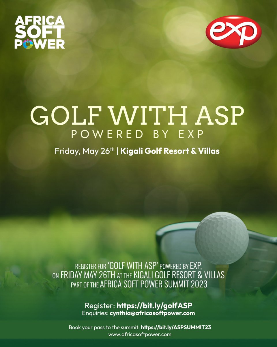 kenyaexp's tweet photo. Join us for a Round of Golf at the Africa Soft Power Summit in Kigali, Rwanda.
ASP is the premiere convening for Africa’s creative and tech industries and Women’s leadership. Hosted in Africa - Focused Globally.
https://t.co/9iJHIXALuK https://t.co/TMkxsvy3Tv