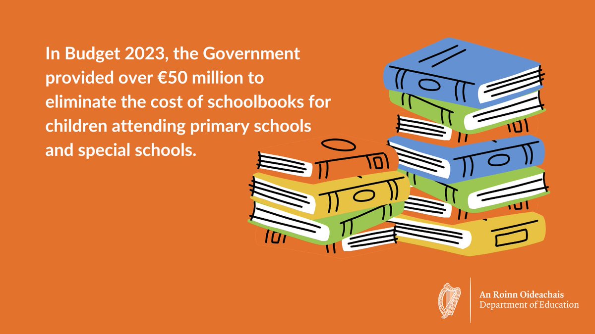 📚From September 2023, schoolbooks, workbooks and copybooks for children in recognised primary schools, including special schools, will be provided to every child free by their school.    For more📷gov.ie/en/publication…