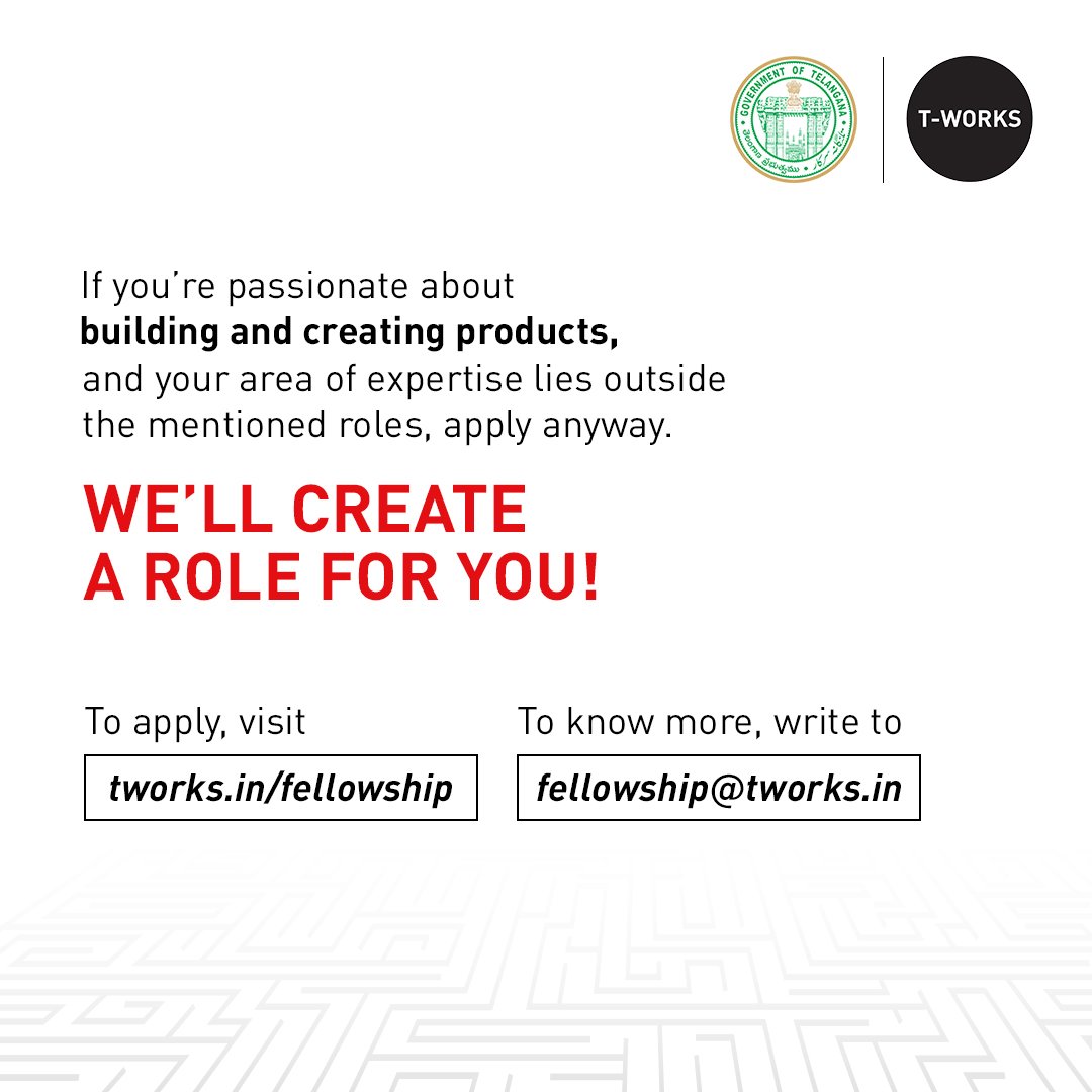 TWorksHyd's tweet photo. T-Works’ Fellowship Program is a platform for the country’s best minds keen to explore and experiment without the fear of failure.
Apply before 14th May 2023.
Link to apply: https://t.co/ELzDahm975
#TWorksFellowship #BuildAtTWorks
@KTRBRS @jayesh_ranjan @KarampuriSujai https://t.co/xmFBTjKzNN