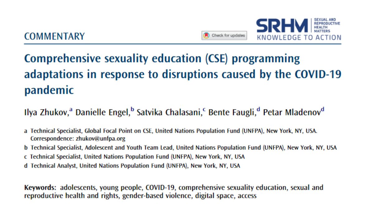 This commentary aims to examine the #COVID19 disruptions to #CSE programming, responses, and strategies and to explore the potential for digital technologies to deliver information and education in new ways.

tandfonline.com/doi/full/10.10…
<a href="/UNFPA/">UNFPA</a>