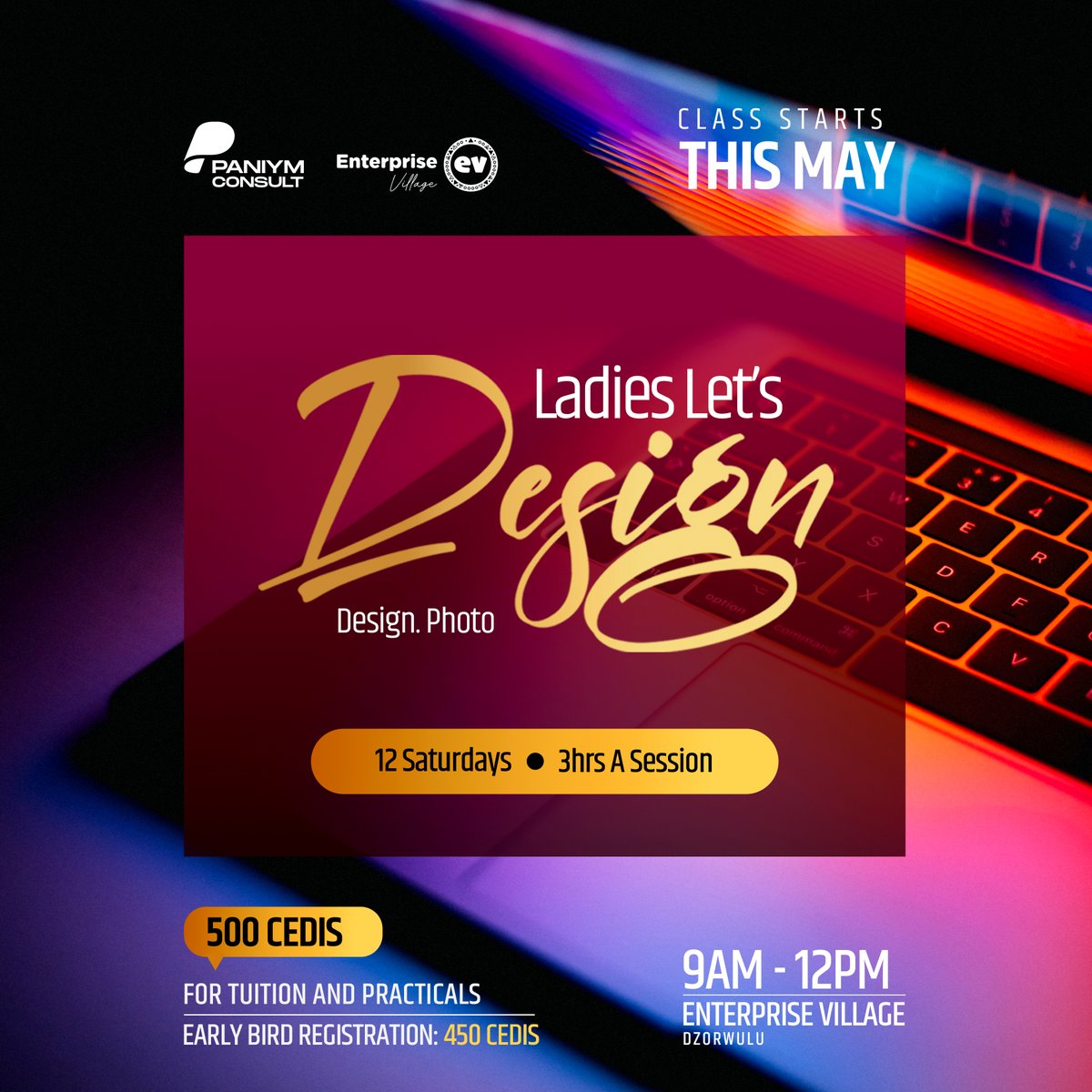 EVhubaccra's tweet image. The Enterprise Village hub and Paniym Consult are organizing a graphic design class for 𝐨𝐧𝐥𝐲 𝐟𝐞𝐦𝐚𝐥𝐞𝐬 at a fee of GHS 500 for 12 weeks. Early bird registration goes for GHS 450. 𝐀𝐥𝐥 𝐢𝐧𝐭𝐞𝐫𝐞𝐬𝐭𝐞𝐝 𝐟𝐞𝐦𝐚𝐥𝐞𝐬 can register here: forms.gle/6D7pvwaoBb6GmK…