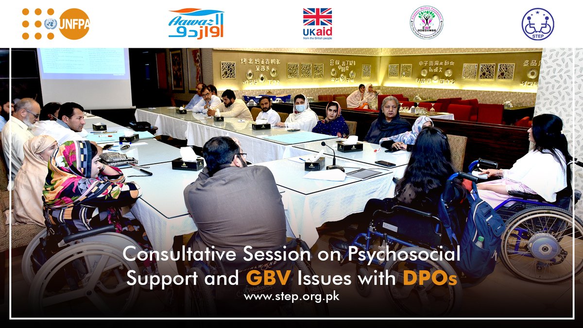 STEPPakistan's tweet photo. 𝐂𝐨𝐧𝐬𝐮𝐥𝐭𝐚𝐭𝐢𝐯𝐞 𝐒𝐞𝐬𝐬𝐢𝐨𝐧 𝐨𝐧 𝐏𝐬𝐲𝐜𝐡𝐨𝐬𝐨𝐜𝐢𝐚𝐥 𝐒𝐮𝐩𝐩𝐨𝐫𝐭 𝐚𝐧𝐝 GBV 𝐈𝐬𝐬𝐮𝐞𝐬 𝐰𝐢𝐭𝐡 𝐃𝐏𝐎𝐬 held in Peshawar on 20th April 2022
#STEP #STEPPakistan #UNFPA #UKAID #Disabilityrights #Womenwithdisabilities #Endgenderbasedviolence #StopGBVagainstWWD https://t.co/lU4KPb1MFL