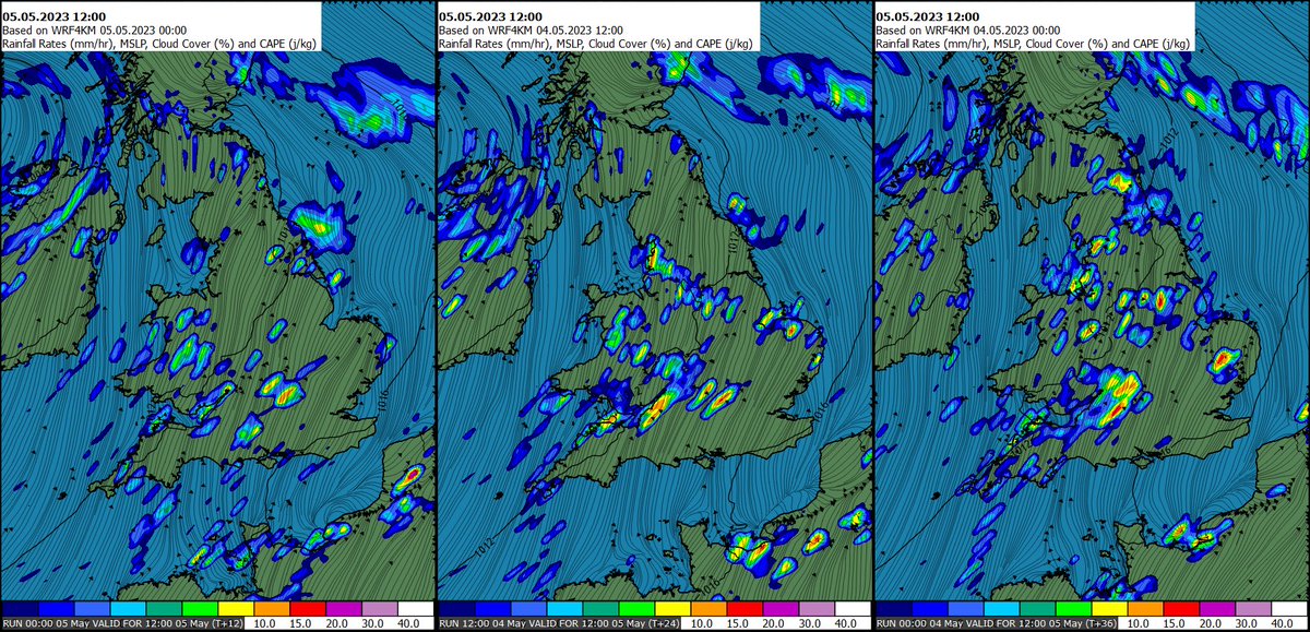 MetraWeatherUK's tweet image. Last 3 runs of high resolution models show showers quickly developing in the coming hours - Hey focus initially will be across parts of #Wales #SWEngland and #NWEngland then into the #Midlands downpours and local storms possible...