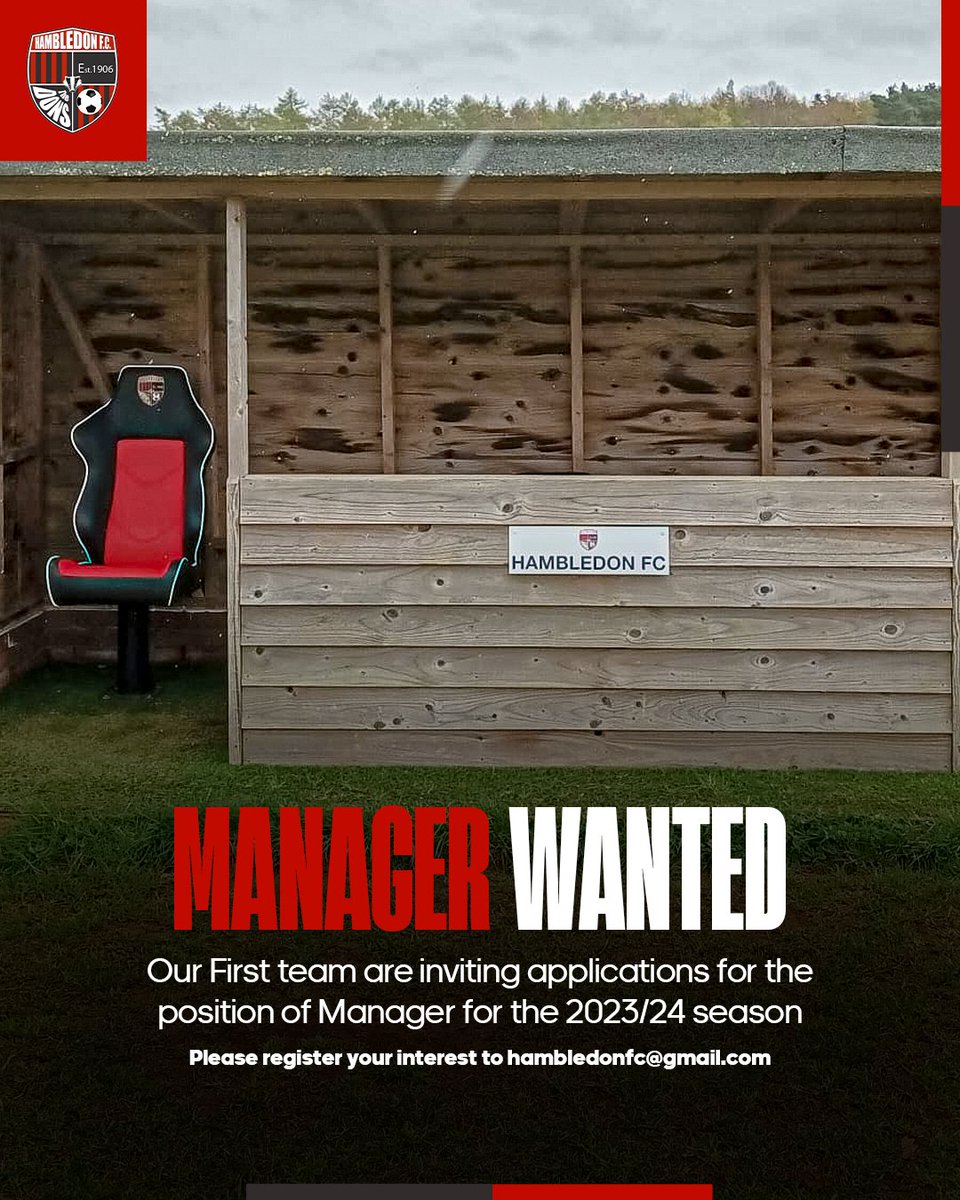 HambledonFC's tweet photo. Hambledon FC are now inviting applications for the position of First team manager for the 2023/24 season.
This will be to lead the team in the SCILW next season. Full details to follow.
To register your interest please contact hambledonfc@gmail.com
#managerwanted https://t.co/RaWHfBsMWG