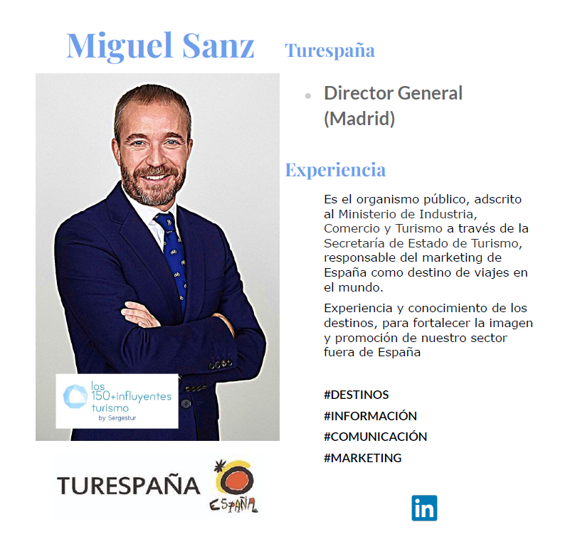 Turespana_'s tweet photo. Un año más, Miguel Sanz, director general de @Turespana_,  sigue formando parte de  los #150InfluyentesTurismo , seleccionados por @SergesturTurism ,entre profesionales del sector turístico de España.

https://t.co/HoM7bclXJH https://t.co/4T7wMEKq0U