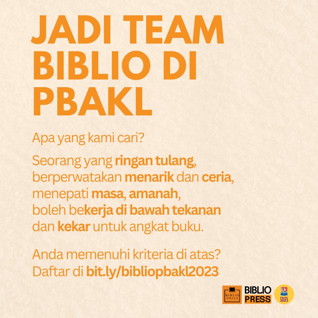 Pesta Buku Antarabangsa Kuala Lumpur menjelang lagi!

Kali ini, Biblio mencari part timer untuk bantu melancarkan gerak kerja di reruai-reruai Biblio. 

Mungkin anda orang yang kami cari? 

Daftar di:
bit.ly/bibliopbakl2023