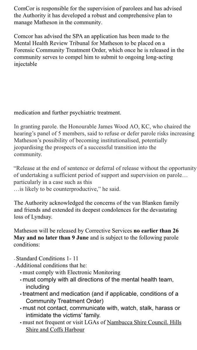 Full statement from NSW State Parole Authority re release of William Matheson following murder of Lyndsay Van Blanken. <a href="/NSWParole/">NSW State Parole Authority</a> <a href="/7NewsSydney/">7NEWS Sydney</a>