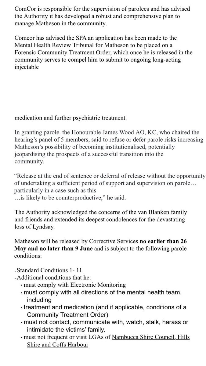 Full statement from NSW State Parole Authority re release of William Matheson following murder of Lyndsay Van Blanken. @NSWParole @7NewsSydney