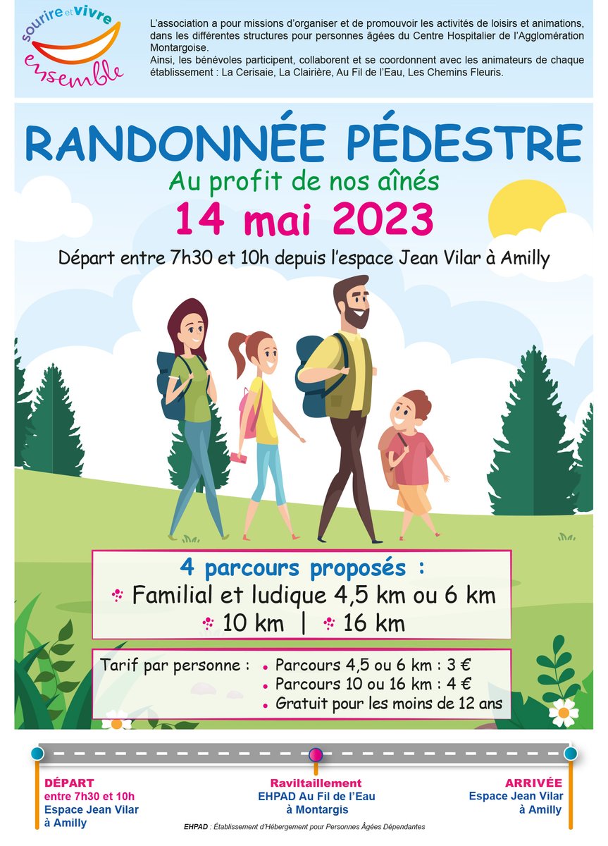 cham45200's tweet image. L&apos;association &quot;Sourire et Vivre Ensemble&quot; vous propose une randonnée pédestre, le dimanche 14 mai.
La somme récoltée permettra de financer des activités de loisirs et animations au sein des EHPAD du CHAM.